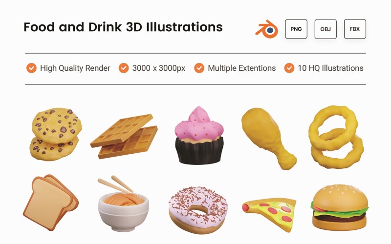 Jídlo a pití 3D ilustrace sada