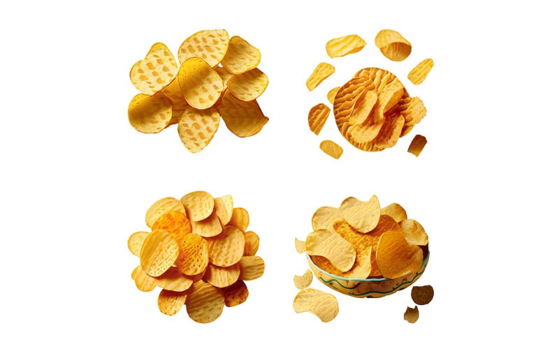 Uppsättning av potatischips i skål isolerad på vit bakgrund. Toppvy.