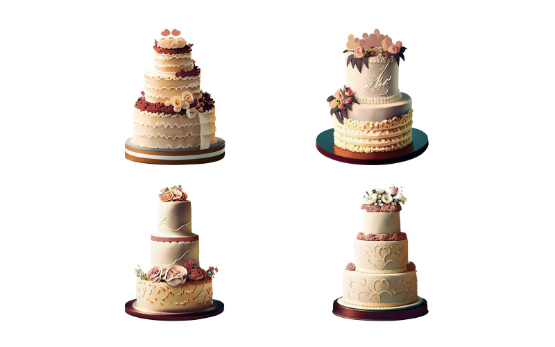 Sada svatebních dortů izolovaných na bílém pozadí.
