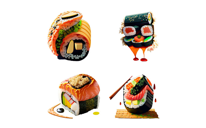 Sushi set isolerad på en vit bakgrund. 3d illustration.