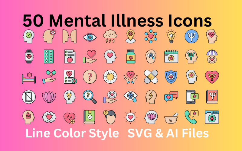 Akıl Hastalığı Simgesi 50 Satır Renk Simgesini Ayarladı - SVG ve AI Dosyaları