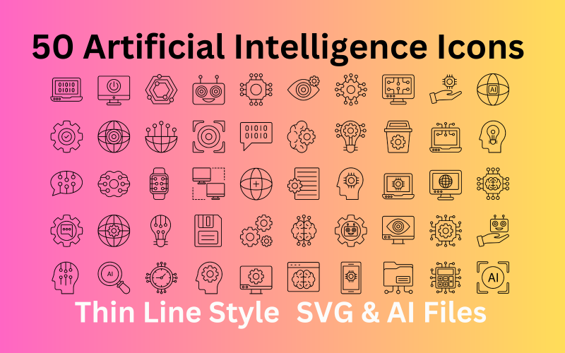 Artificiell intelligens Ikonuppsättning 50 konturikoner - SVG- och AI-filer