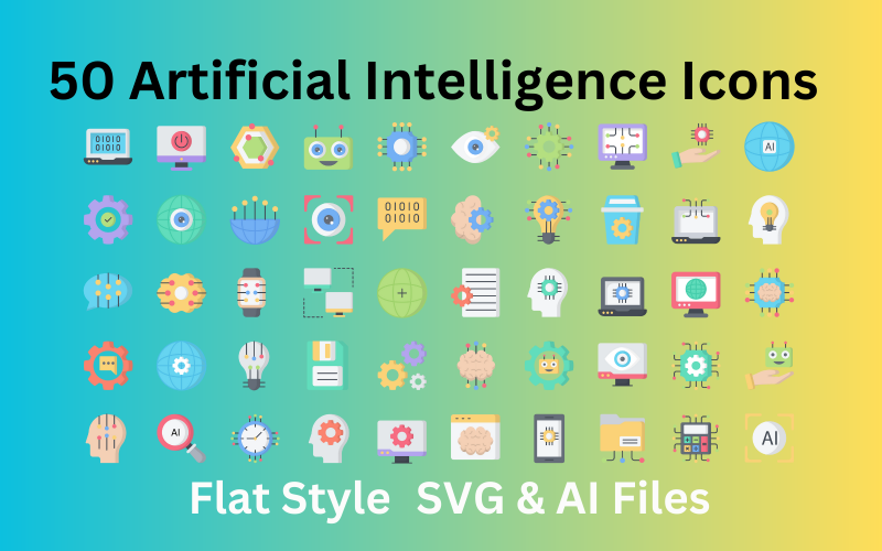 Artificiell intelligens Ikonuppsättning 50 platta ikoner - SVG och AI-filer
