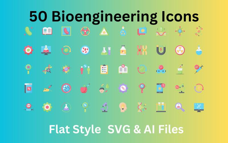 Biyomühendislik Simgesi 50 Düz Simge Seti - SVG ve AI Dosyaları