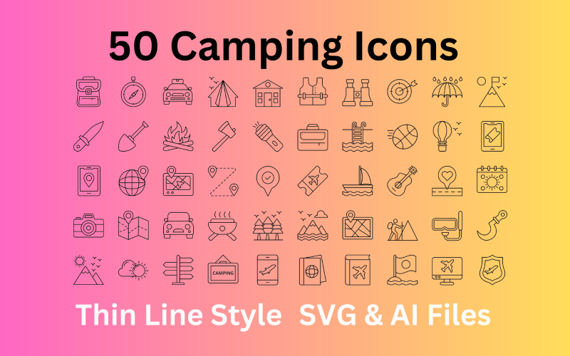 Camping Icon Set 50 icônes de contour - Fichiers SVG et AI