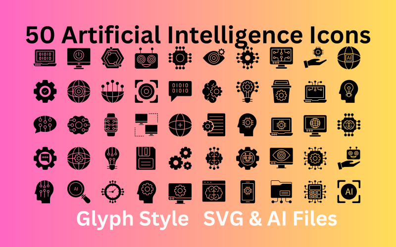 Conjunto de ícones de inteligência artificial com 50 ícones de glifo - arquivos SVG e AI