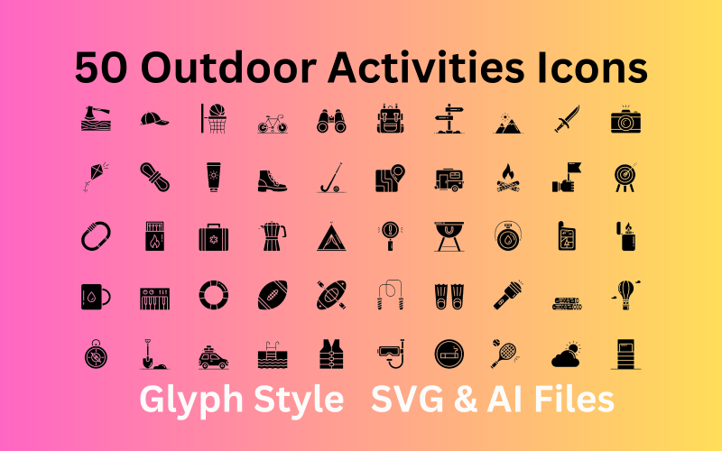 Conjunto de iconos de actividades al aire libre 50 iconos de glifos: archivos SVG y AI
