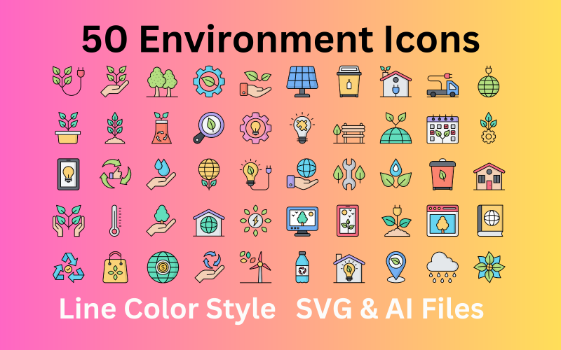 Conjunto de iconos de entorno 50 iconos de color de línea: archivos SVG y AI