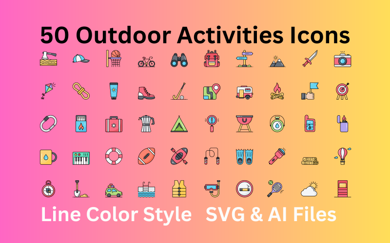 户外活动图标集 50 个线条颜色图标-SVG 和 AI 文件