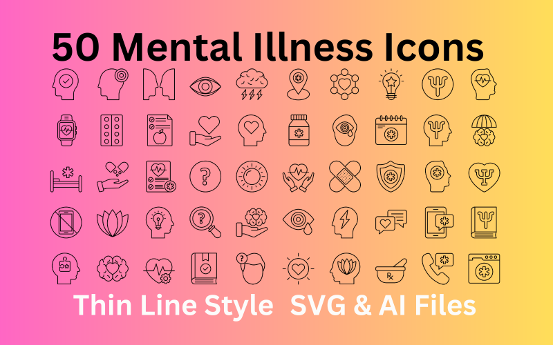 精神疾病图标集 50 个轮廓图标-SVG 和 AI 文件