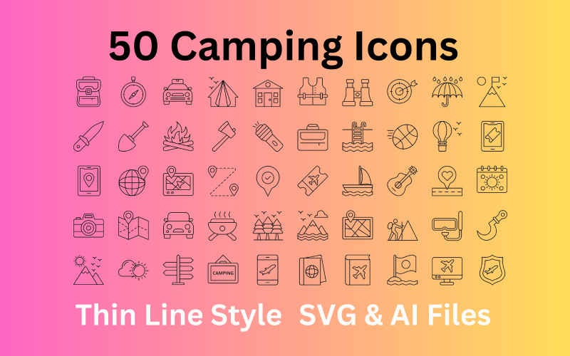Набор иконок для кемпинга: 50 контурных иконок - файлы SVG и AI