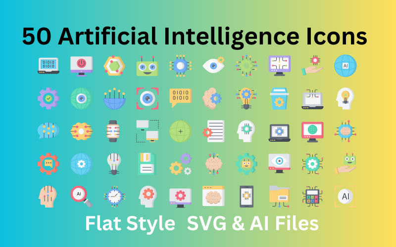 Набор иконок искусственного интеллекта, 50 плоских иконок - файлы SVG и AI