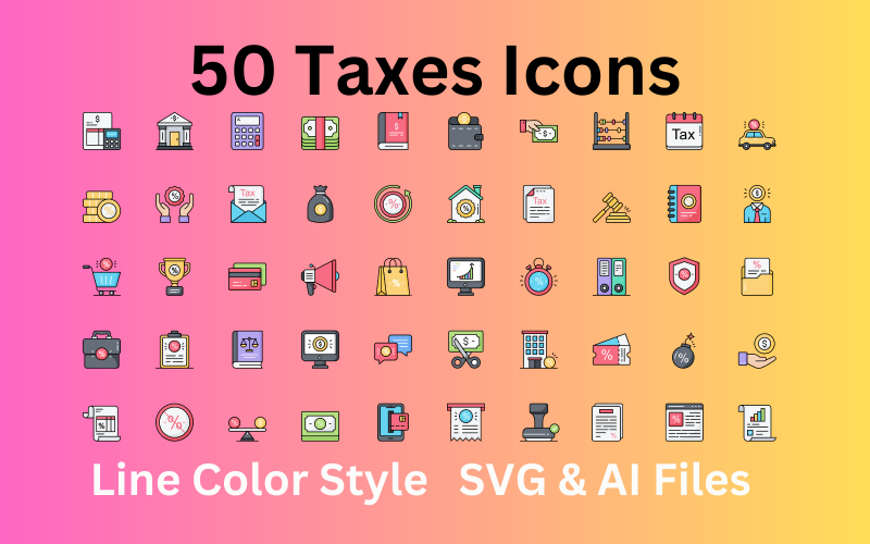 Набор значков налогов: 50 цветных значков линий - файлы SVG и AI