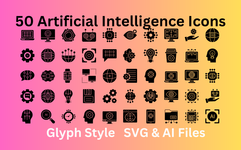 Sada ikon umělé inteligence 50 ikon glyfů – soubory SVG a AI