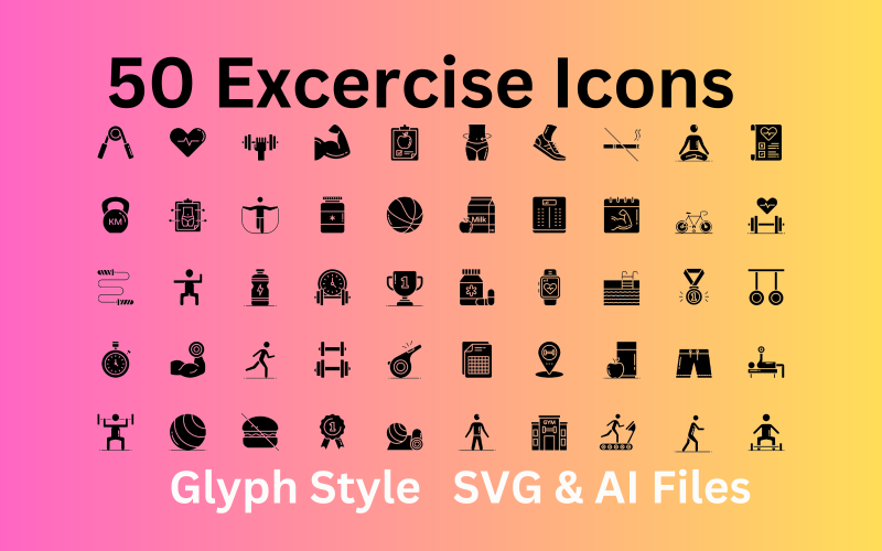 Träningsikonuppsättning 50 Glyph-ikoner - SVG- och AI-filer