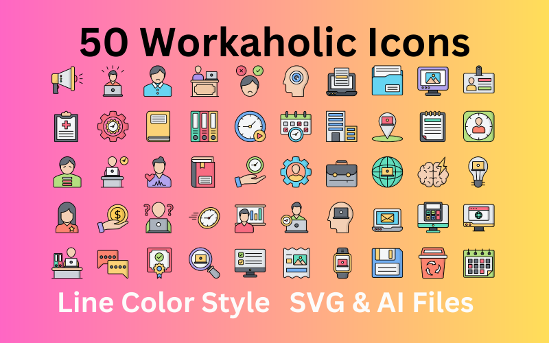Workaholic Icon Set 50 ícones de cores de linha - arquivos SVG e AI