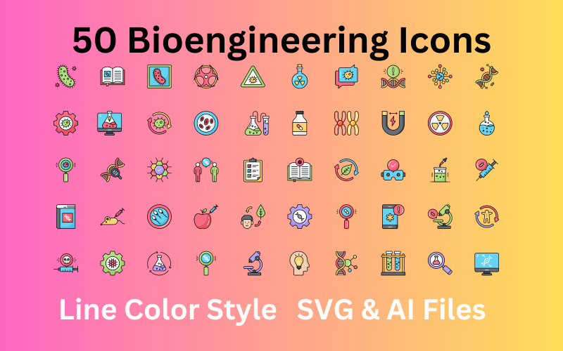 Biyomühendislik Simgesi 50 Satır Renkli Simge Seti - SVG ve AI Dosyaları