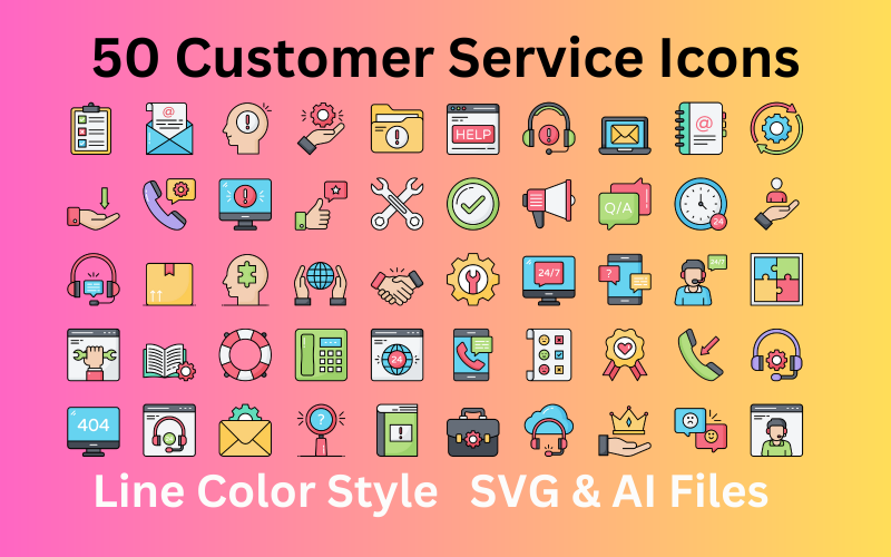 客户服务图标集 50 行颜色图标-SVG 和 AI 文件
