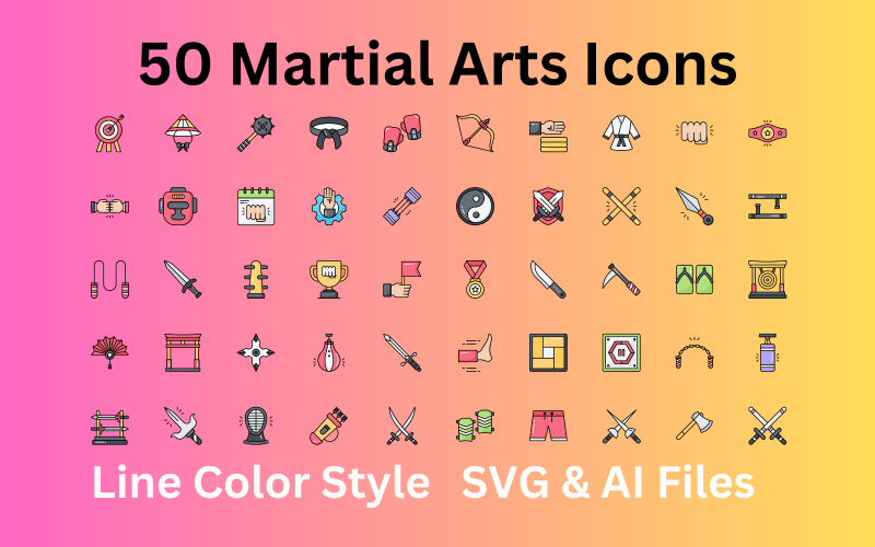 Набір іконок для бойових мистецтв із 50 лінійних кольорових іконок – файли SVG та AI