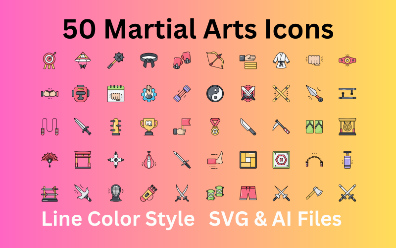 Set di icone per arti marziali 50 icone a colori di linea - file SVG e AI