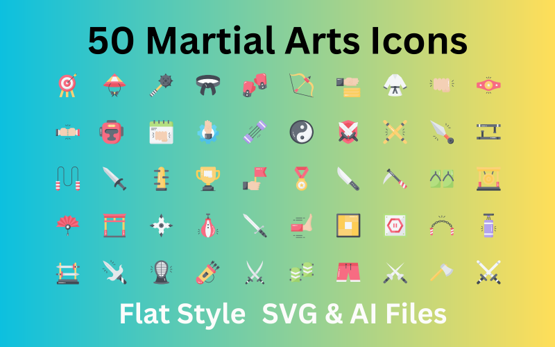 武术图标集 50 个平面图标-SVG 和 AI 文件