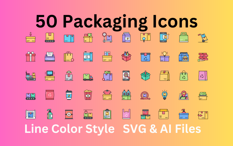 包装图标集 50 个线条颜色图标-SVG 和 AI 文件
