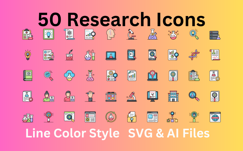 Conjunto de iconos de investigación 50 iconos de color de línea: archivos SVG y AI