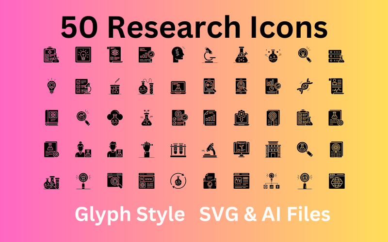 Conjunto de iconos de investigación 50 iconos de glifos: archivos SVG y AI