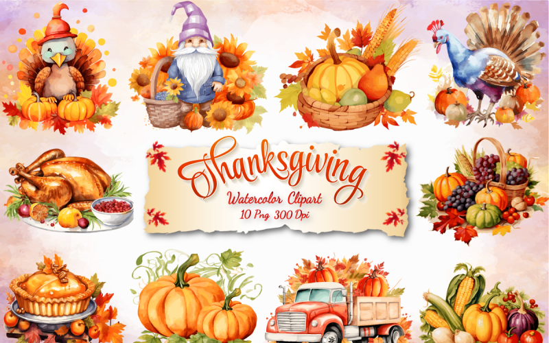 Pacchetto clipart per la sublimazione dell'acquerello del giorno del Ringraziamento