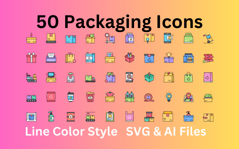 Set di icone di imballaggio 50 icone a colori di linea - file SVG e AI