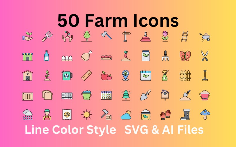 Conjunto de granja 50 iconos de color de línea: archivos SVG y AI