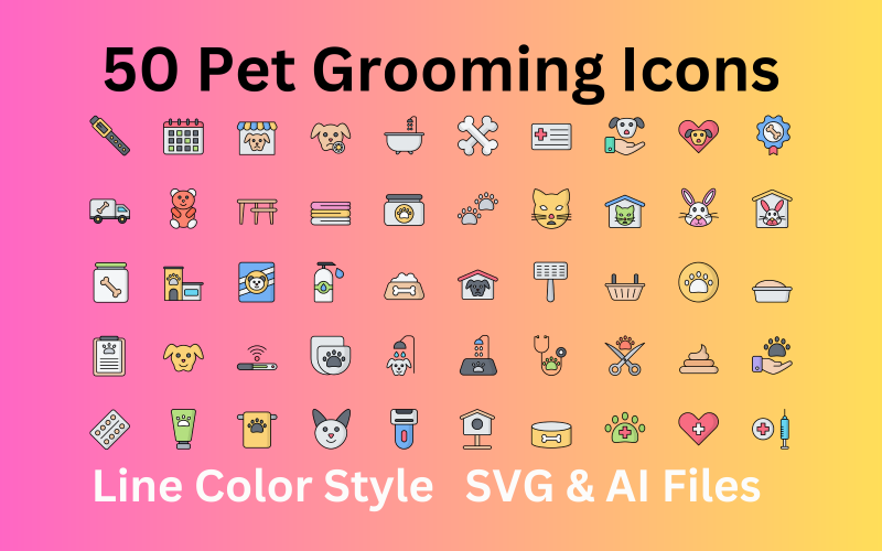 Kisállat ápolás készlet 50 vonal színes ikonok - SVG és AI fájlok