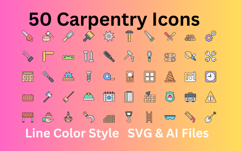 Набор иконок столярных изделий, 50 цветных значков линий - файлы SVG и AI
