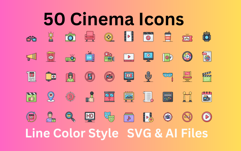 Cinema Ikonuppsättning 50 linje färgikoner - SVG och AI-filer