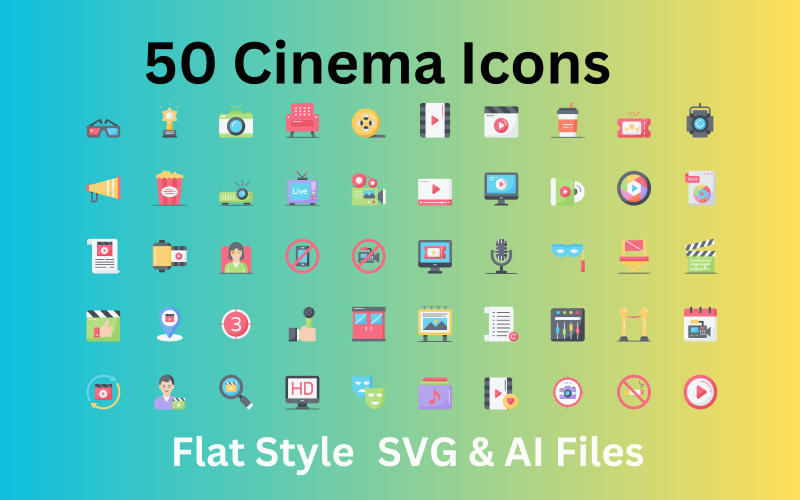 电影院图标集 50 个平面图标-SVG 和 AI 文件