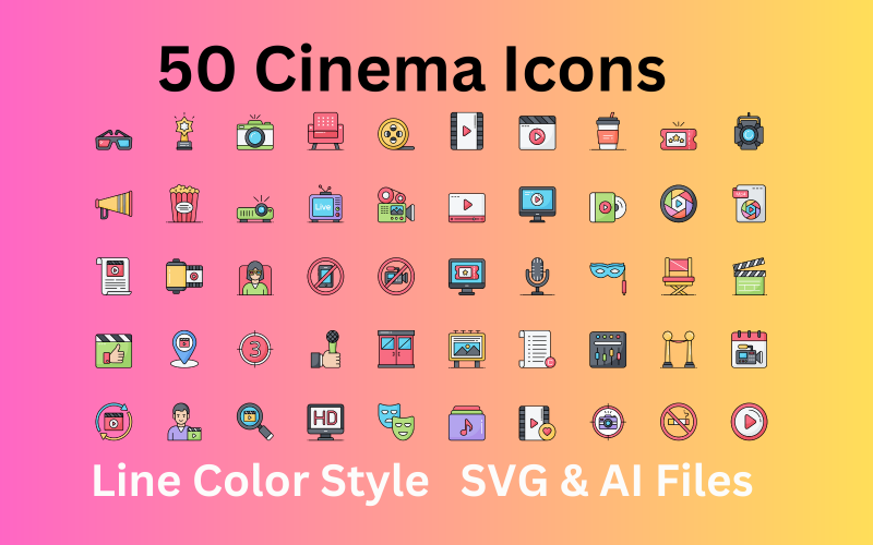 Kino-Icon-Set 50 Linienfarbsymbole – SVG- und AI-Dateien