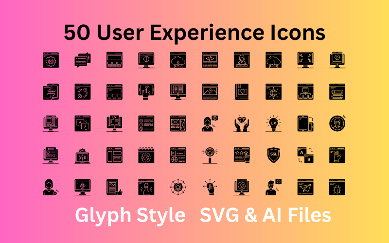 Набор значков пользовательского опыта: 50 иконок-глифов — файлы SVG и AI