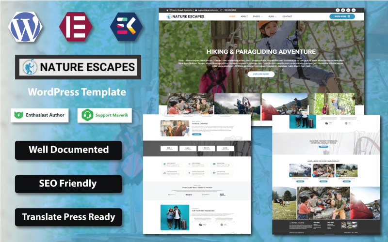 Nature Escapes - Шаблон WordPress Elementor для піших прогулянок, катання на лижах та парапланеризм