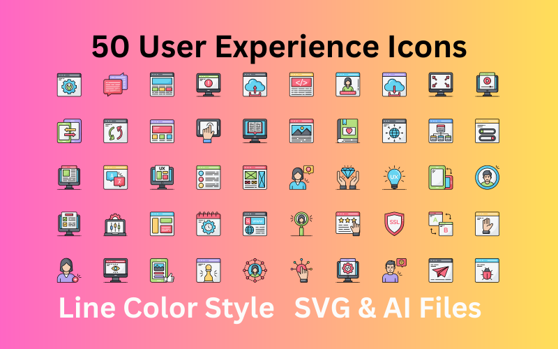 Sada ikon uživatelského prostředí 50 barevných ikon čar – soubory SVG a AI