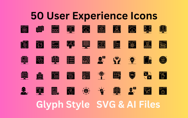 Sada ikon uživatelského prostředí 50 ikon glyfů – soubory SVG a AI