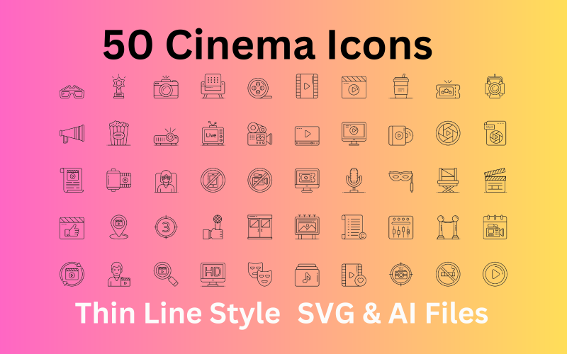 Sinema Simgesi Seti 50 Anahat Simgesi - SVG ve AI Dosyaları