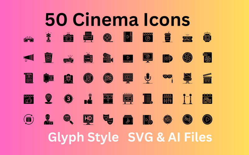 Sinema Simgesi Seti 50 Glif Simgesi - SVG ve AI Dosyaları