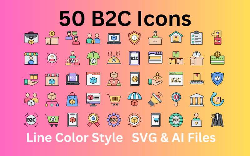Zestaw ikon B2C 50 ikon kolorów linii - pliki SVG i AI