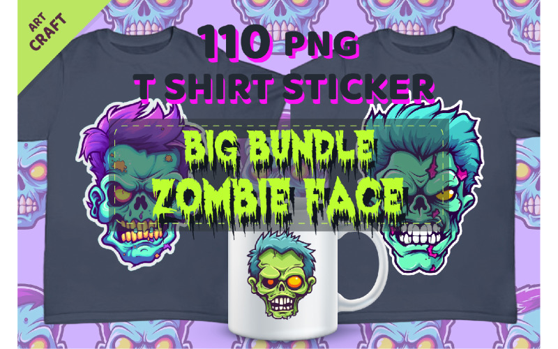 Gran paquete de 110 caras de zombies de dibujos animados.