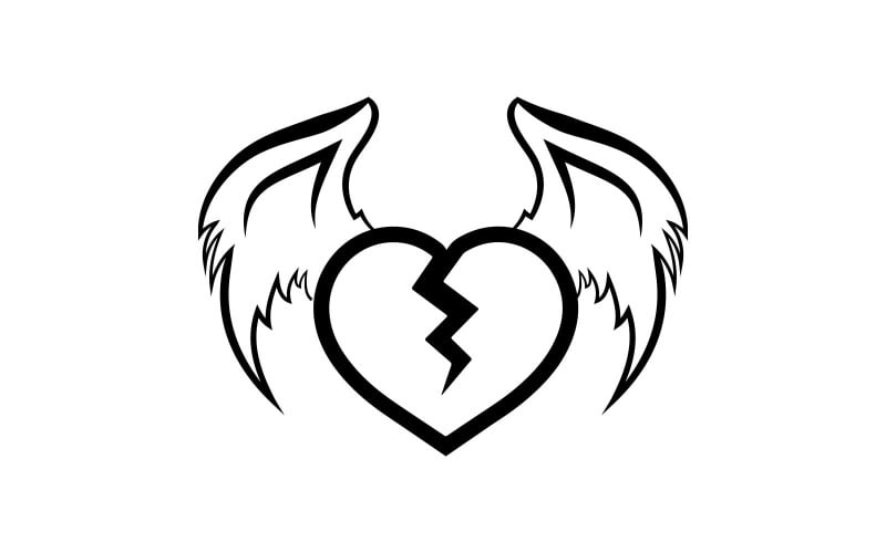 Design de logotipo preto de coração partido com asas