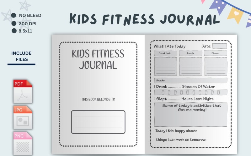 儿童健身日志、饮水追踪器、食物追踪器、锻炼日志、页面插入、计划页面