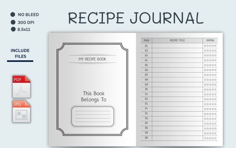 Journal de bord du planificateur de recettes, planificateur de recettes, journal de recettes, modèle de recette
