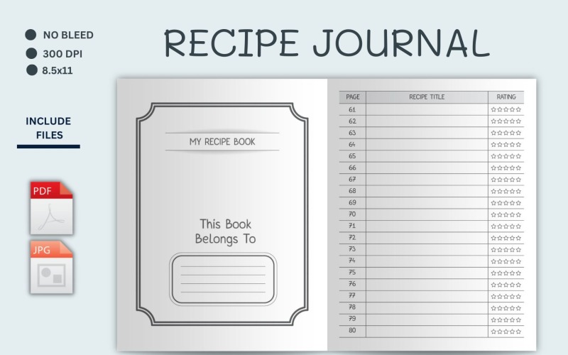Libro de registro del planificador de recetas, Planificador de recetas, Diario de recetas, Plantilla de recetas