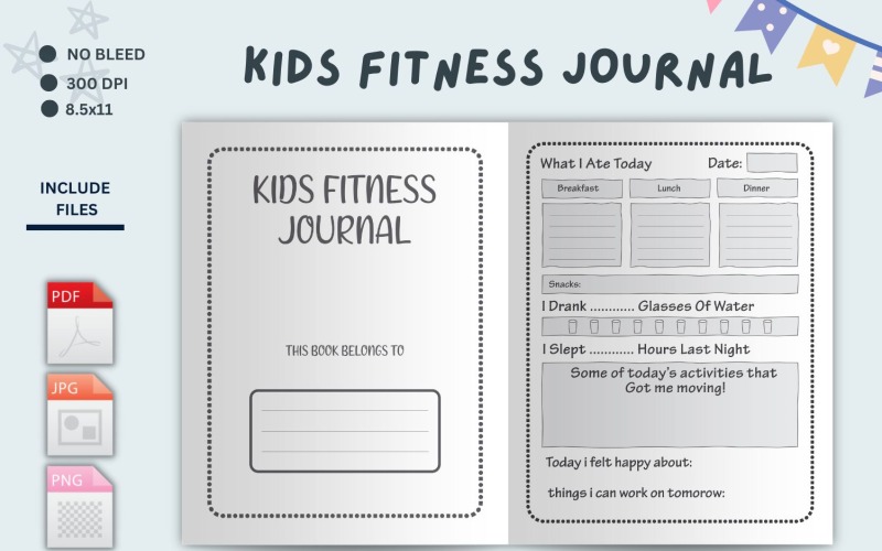 Registro fitness per bambini, rilevatore d'acqua, rilevatore di cibo, registro degli esercizi, inserti di pagina, pagine di pianificazione