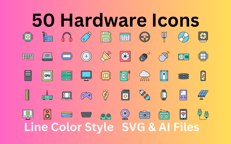 Hardware-Icon-Set 50 Linienfarbsymbole – SVG- und AI-Dateien